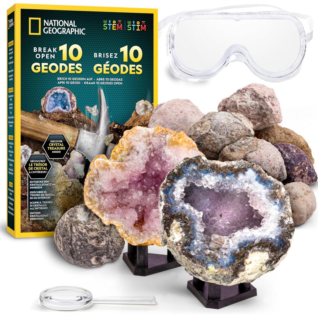 NATIONAL Geographic 10 Premium-Geoden zum Aufbrechen – Inkl. Schutzbrille &amp; Ständer – Mint-Experimen