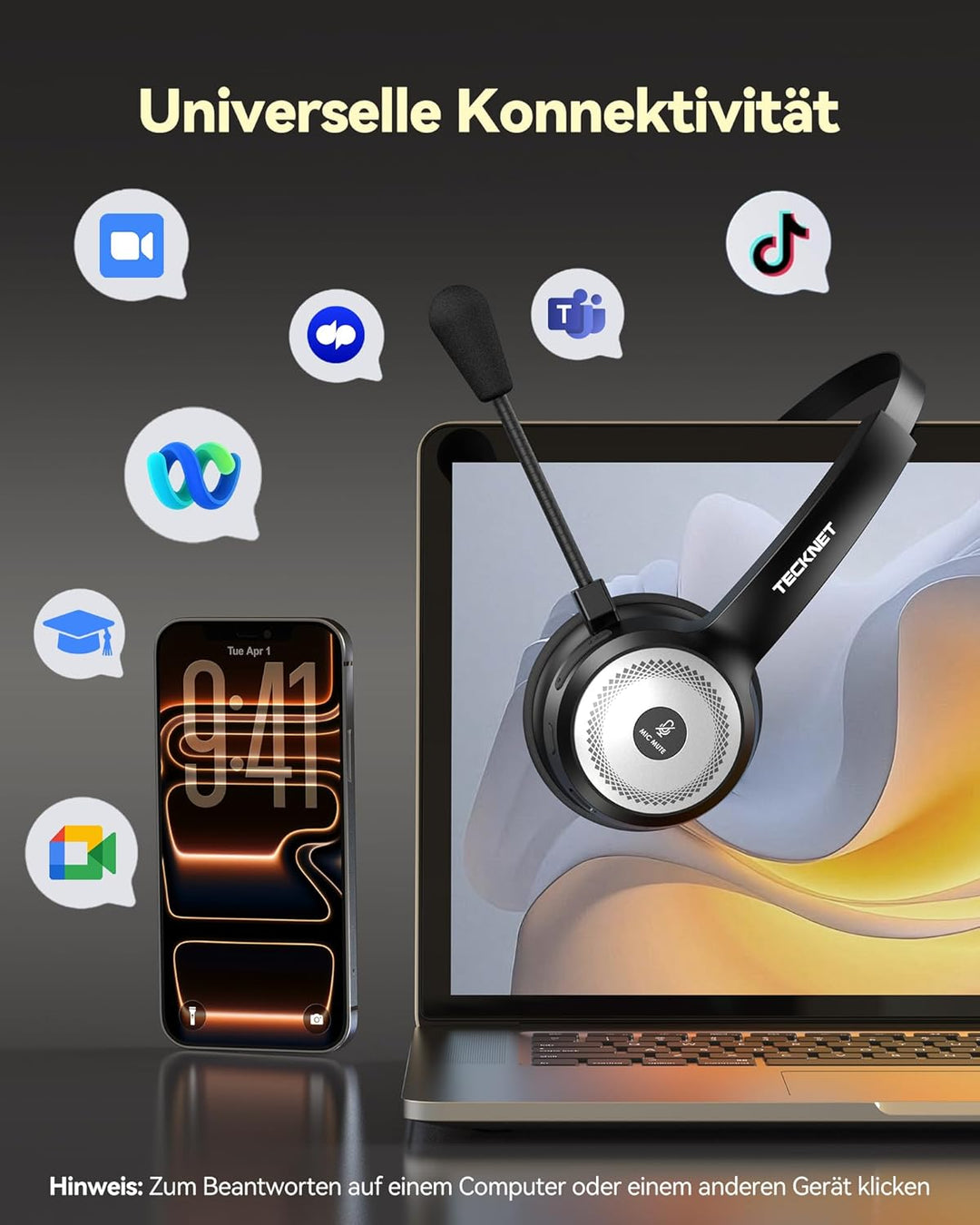 TECKNET Bluetooth Headset mit Mikrofon, PC Headset mit AI Rauschunterdrückung, kabelloses Headset mi