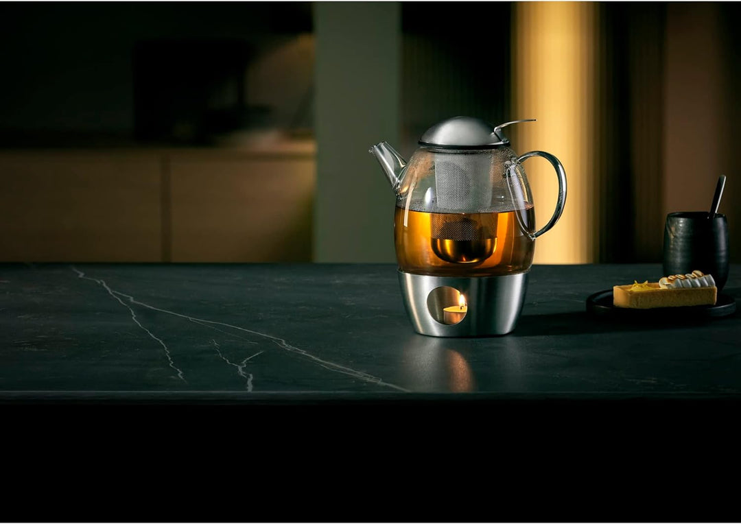 WMF SmarTea Teekanne mit Stövchen Set 3-teilig, Cromargan Edelstahl, Glaskanne 1l mit Siebeinsatz un
