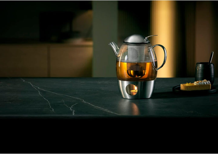 WMF SmarTea Teekanne mit Stövchen Set 3-teilig, Cromargan Edelstahl, Glaskanne 1l mit Siebeinsatz un