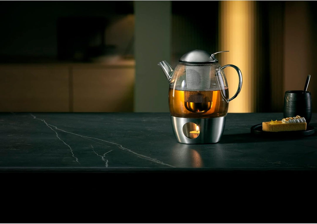 WMF SmarTea Teekanne mit Stövchen Set 3-teilig, Cromargan Edelstahl, Glaskanne 1l mit Siebeinsatz un