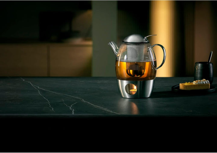 WMF SmarTea Teekanne mit Stövchen Set 3-teilig, Cromargan Edelstahl, Glaskanne 1l mit Siebeinsatz un