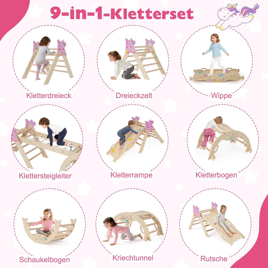 GOPLUS 9-in-1 Klettergerüst Indoor, Kletterdreieck Holz, 4er Set Kletterspielzeug mit Kletternetz, K