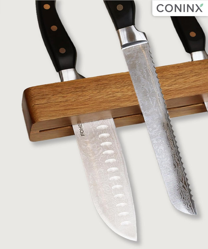 Coninx Wand-Magnetleiste 48 cm aus Akazienholz – Messerleiste mit Doppelreihe & abnehmbarem Doppelsc