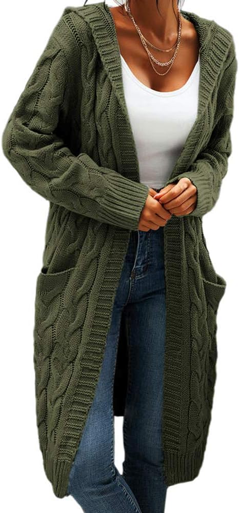 GeGekoko Strickjacke Damen mit Kapuze Langarm Grobstrick-Cardigan Open Front Sweater Herbst Winter C