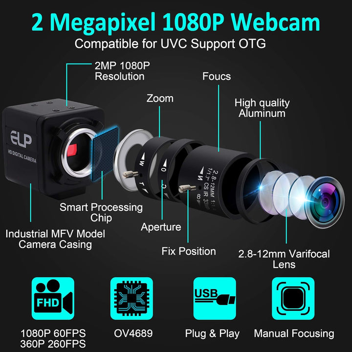ELP Web Kamera 1080P mit 2.8-12mm Zoom Objektiv,2MP OV4689 60fps Weitwinkel Webcam Plug&Play für PC,
