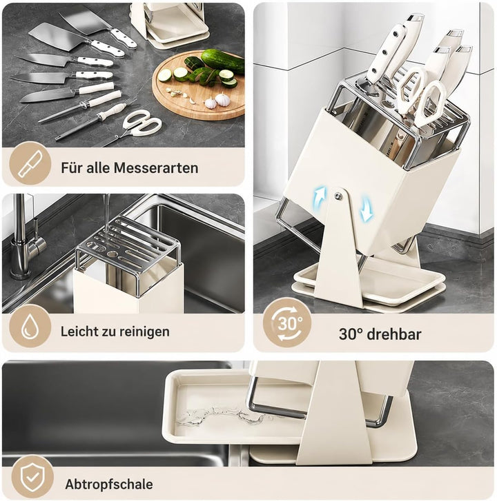 Messerblock Ohne Messer, Messerhalter Drehbar 30°, Knife Block für 10 Messer, mit Auffangschale, für
