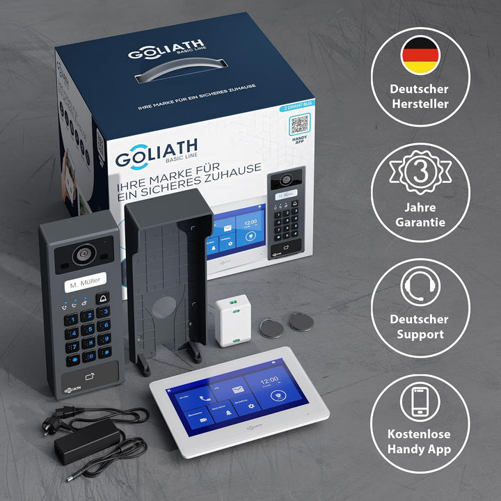 GOLIATH Basic 2-Draht Bus Video-Türsprechanlage, Full-HD, App-Steuerung, 7" Monitor in Weiss, RFID &
