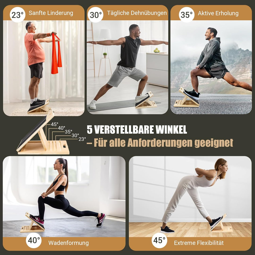 Wadendehner Schrägbrett aus Holz, 5 Winkeln Slant Stretch Board mit Trainingsposter und 2 Widerstand
