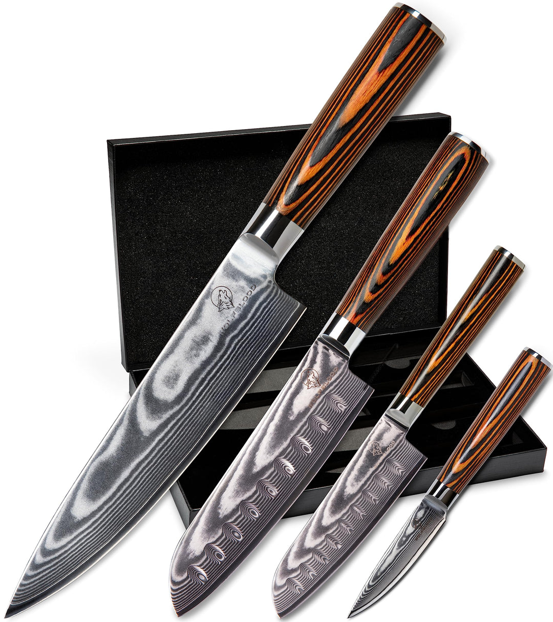Wolfblood Damastmesser-Set 4er (32cm, 30cm, 24cm und 20cm) Profi-Damast-Küchenmesser Set aus 67 Lage