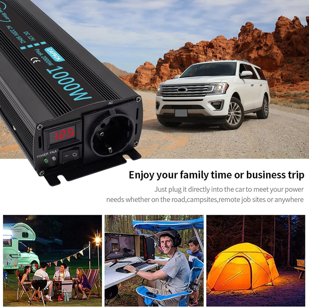 CAPTOK Spannungswandler 1000W/2000W Reiner Sinus KFZ Wechselrichter DC 12V auf AC 230V EU-Steckdose