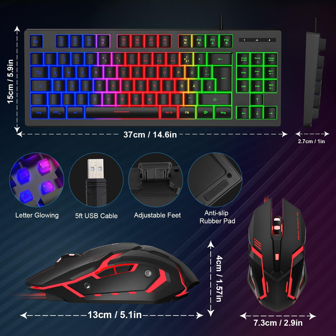 Gaming Tastatur und Maus Set, QWERTZ DE Layout, 75% TKL, RGB Hintergrundbeleuchtete Kabelgebundene T