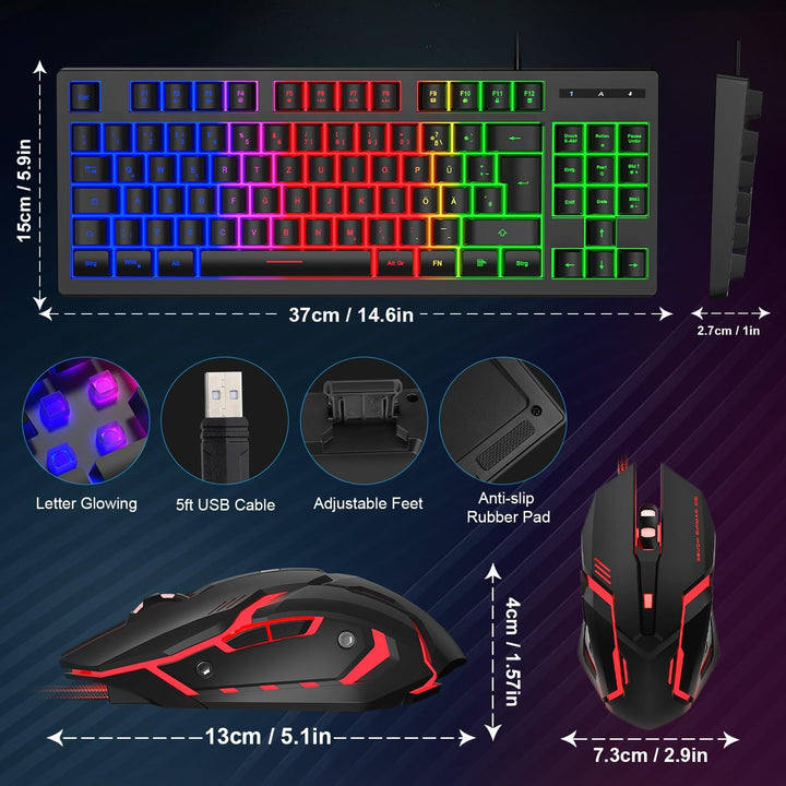 Gaming Tastatur und Maus Set, QWERTZ DE Layout, 75% TKL, RGB Hintergrundbeleuchtete Kabelgebundene T