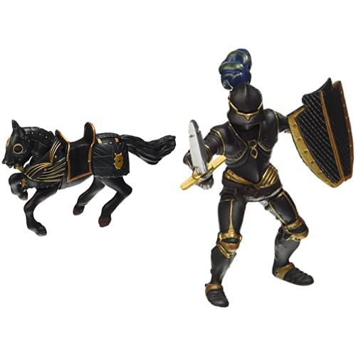 Papo-Lot de 2 Figurines - Collection Médieval - Fantastique - Cheval en Armure Noire + Chevalier en