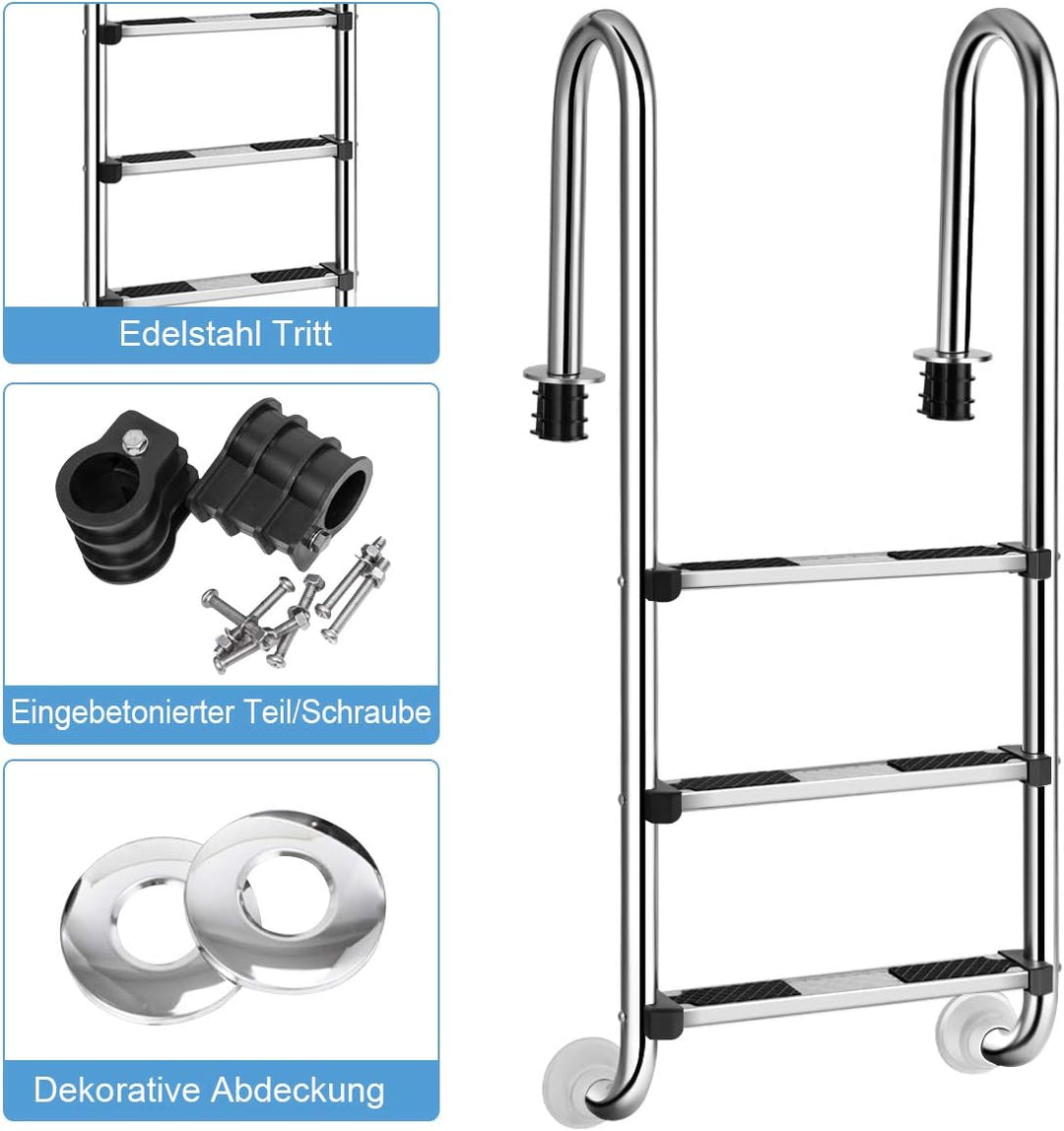 COSTWAY Edelstahl Poolleiter, Schwimmbad Leiter 3 stufig, Einstiegsleiter Silber bis 150kg belastbar