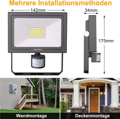 MEIKEE 30W LED Strahler mit Bewegungsmelder 2800LM 6500K Superhell LED Fluter mit Sensor IP66 Wasser
