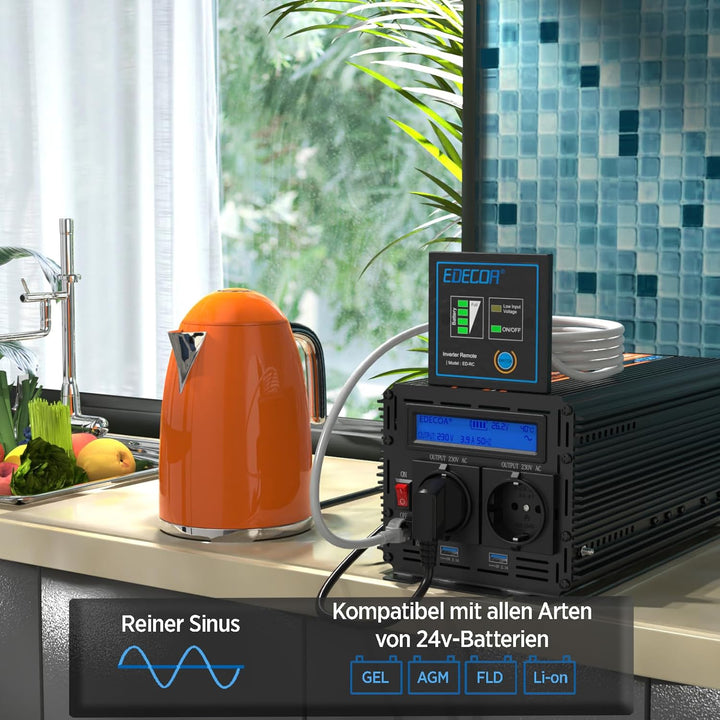 EDECOA Wechselrichter 24v 230v 2000w Reiner Sinus Spannungswandler mit ECO-Modus LCD-Bildschirm 2X U