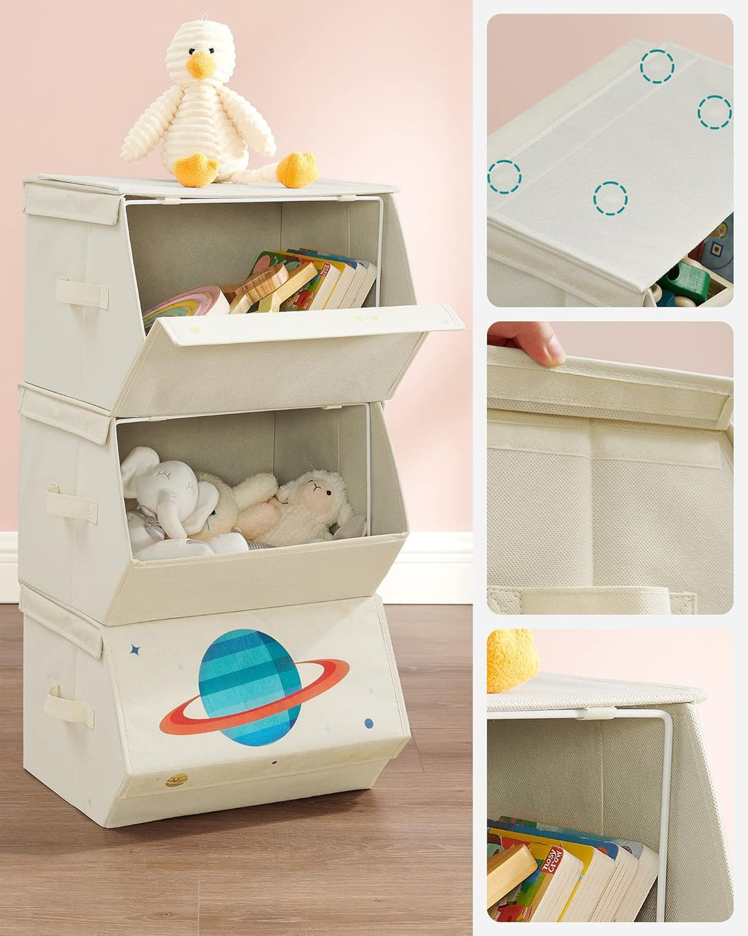 SONGMICS Aufbewahrungsbox Kinder, 3er Set, Faltboxen, Spielzeugkiste mit Deckel, 38 x 35 x 25 cm, fü