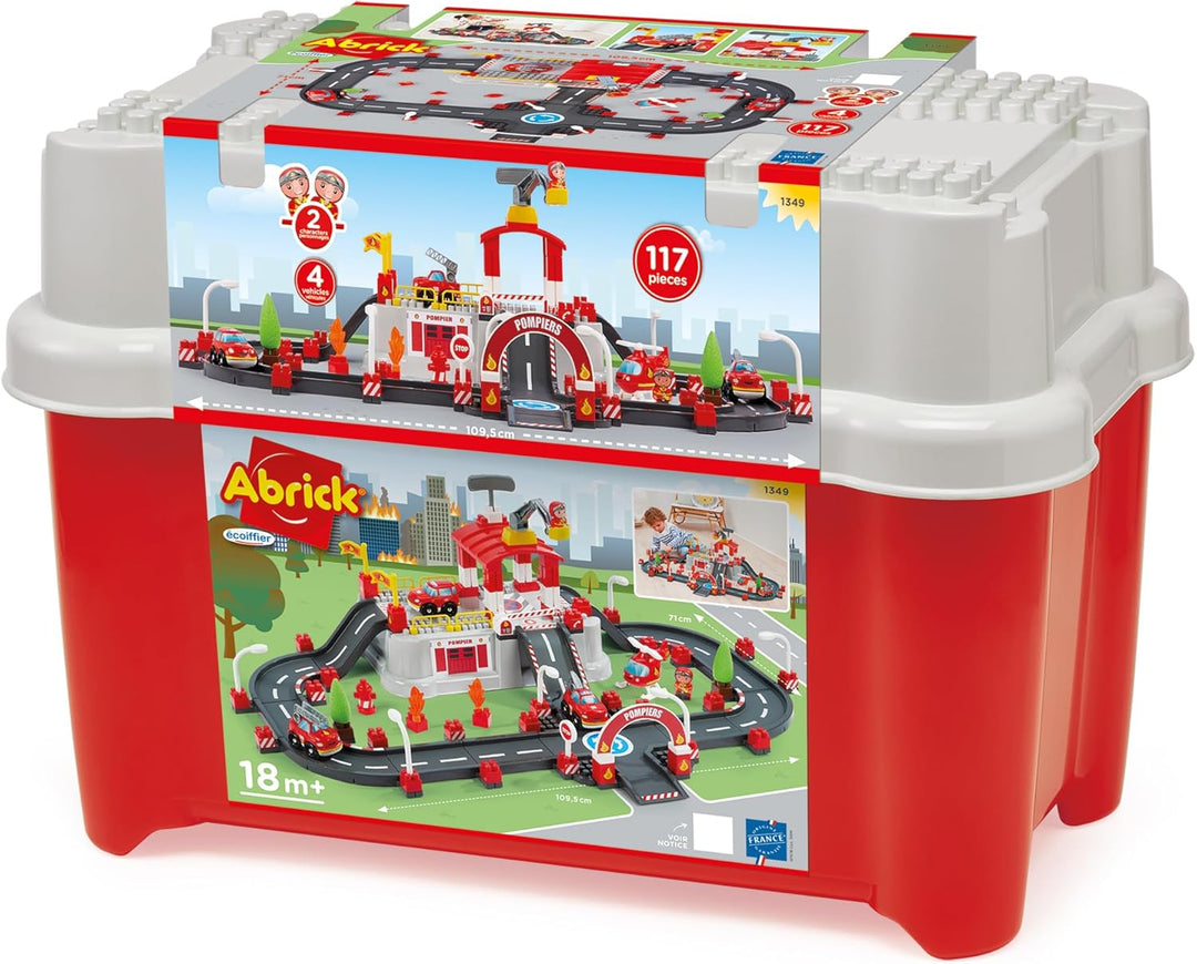 Ecoiffier Spielzeug - 1349 - Feuerwehr-Circuit im Eimer - Abrick - Konstruktionsspielzeug für Kinder