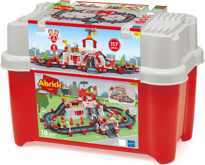 Ecoiffier Spielzeug - 1349 - Feuerwehr-Circuit im Eimer - Abrick - Konstruktionsspielzeug für Kinder