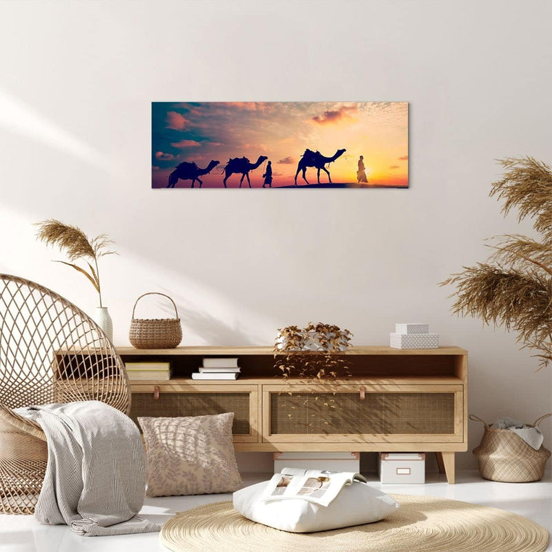 Panorama Bilder auf Leinwand Kamel Wohnwagen Leinwandbild mit Rahmen 90x30cm Wandbilder Dekoration W