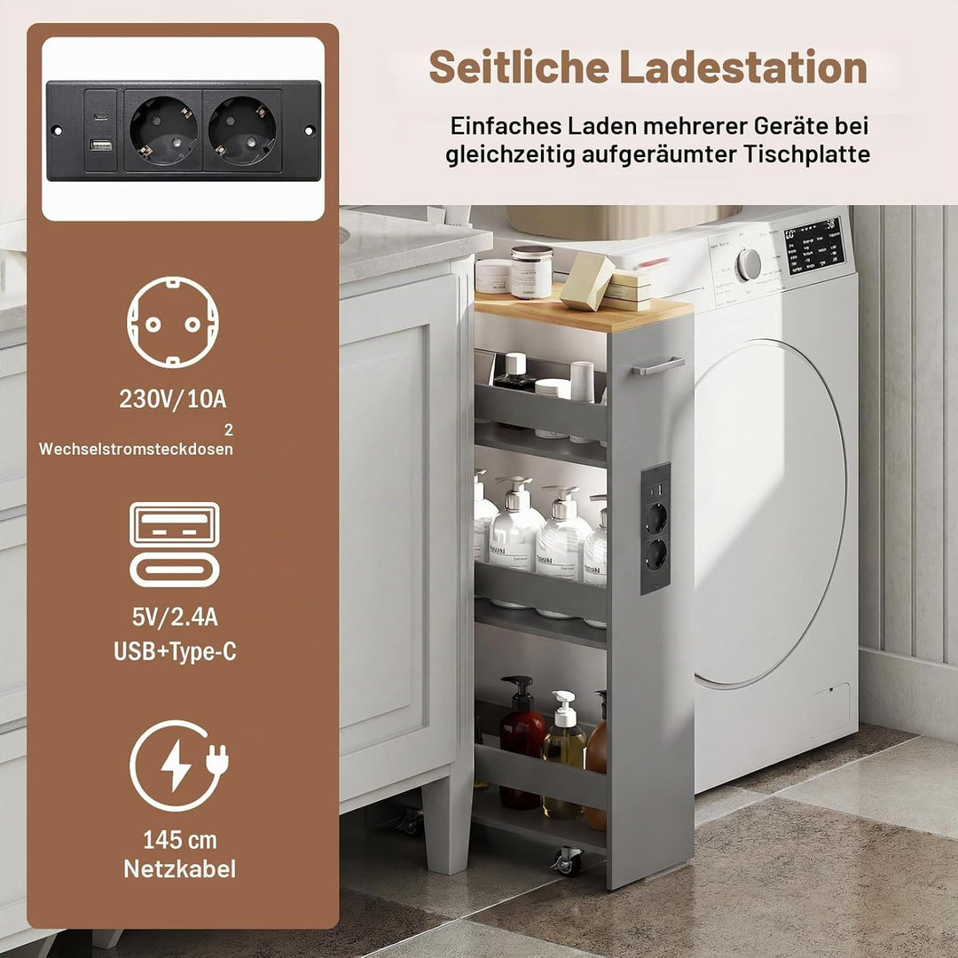 GIANTEX Nischenregal 20 cm Breit, Nischenschrank Küche mit Ladestation, Nischenwagen Rollwagen Schma