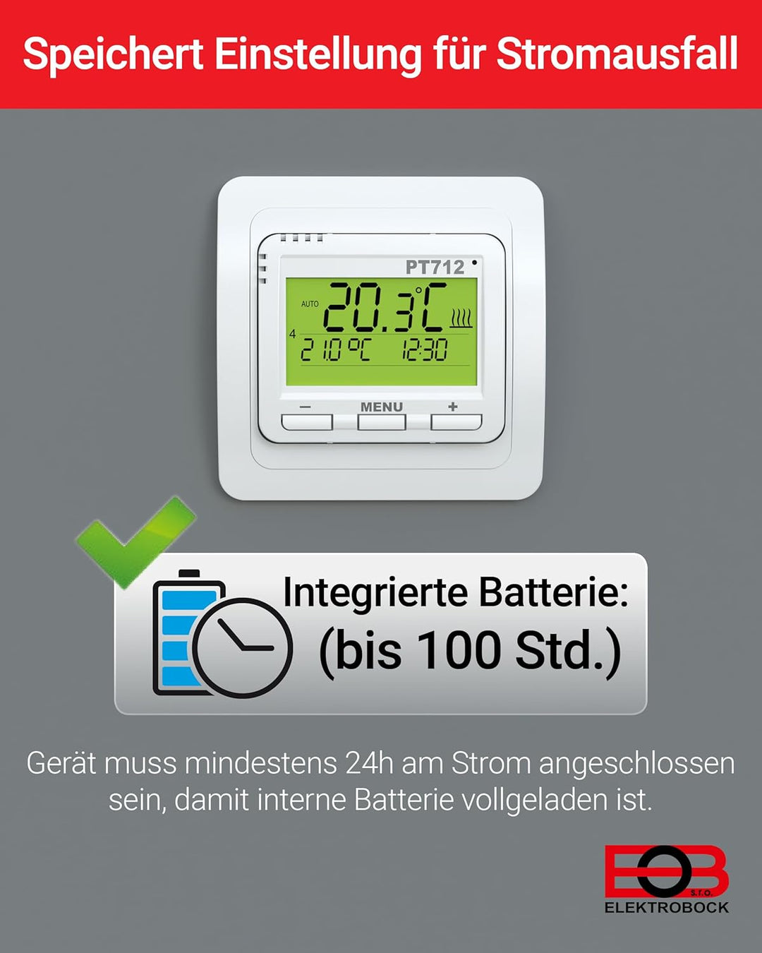 Elektrobock Digitaler Raumthermostat für Fussbodenheizung, PT712, 80 x 80 x 40 mm