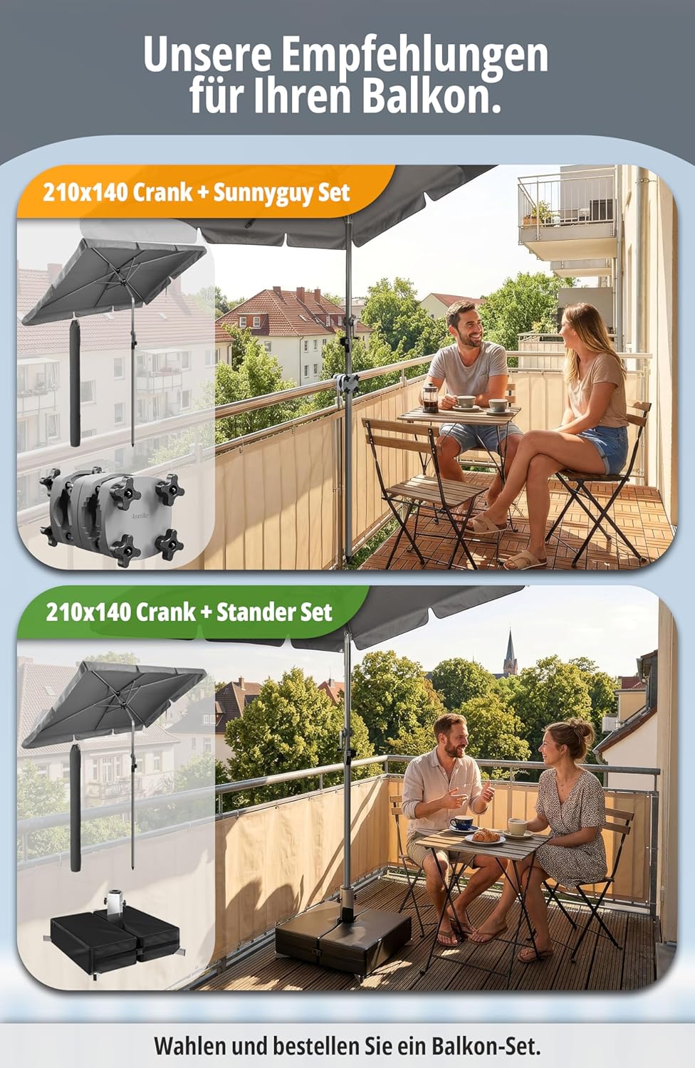 4smile Sonnenschirm Balkon mit Kurbel, Sonnenschirm rechteckig 210x140 cm, Sonnenschutz Balkon mit U