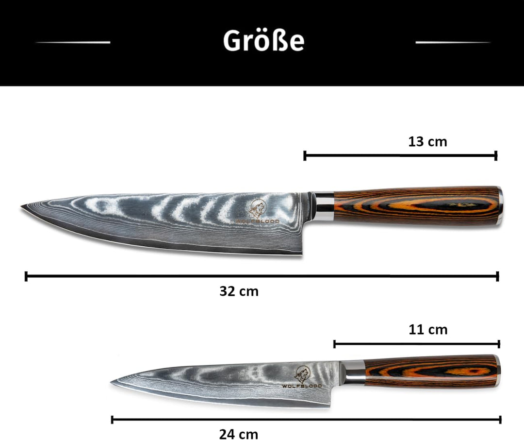Wolfblood Damastmesser-Set 2er (32cm und 24cm) Profi-Damast-Küchenmesser Set aus 67 Lagen Damaststah
