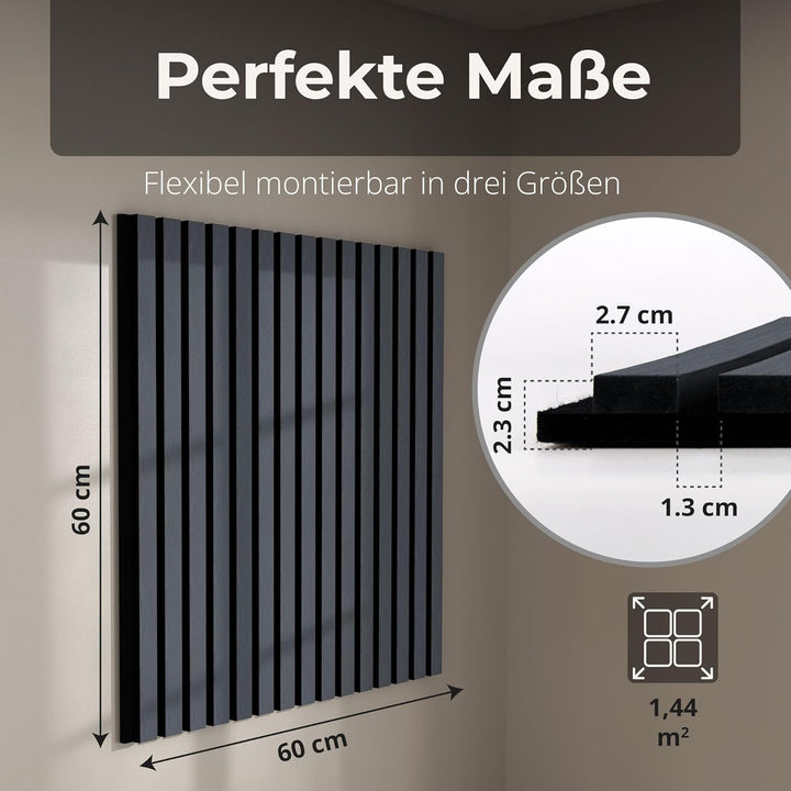Akustikpaneele 60x60cm, 4 Stück Eiche Schwarz, Wandverkleidung Wanpaneele Holz, Lamellenwand mit Ger