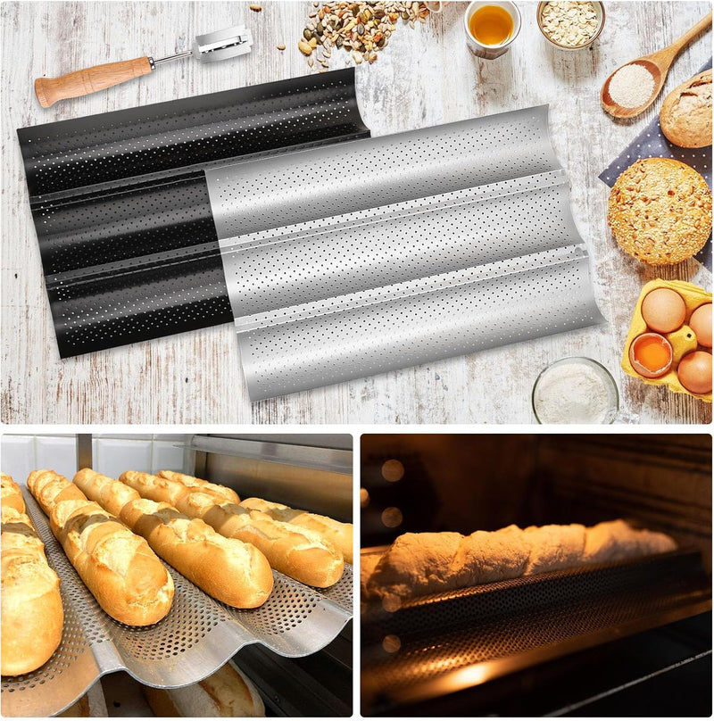 BORDEAG Baguette Backform, 2er Set Baguetteblech für 3 Baguettes mit Bäckermesser, Antihaftbeschicht