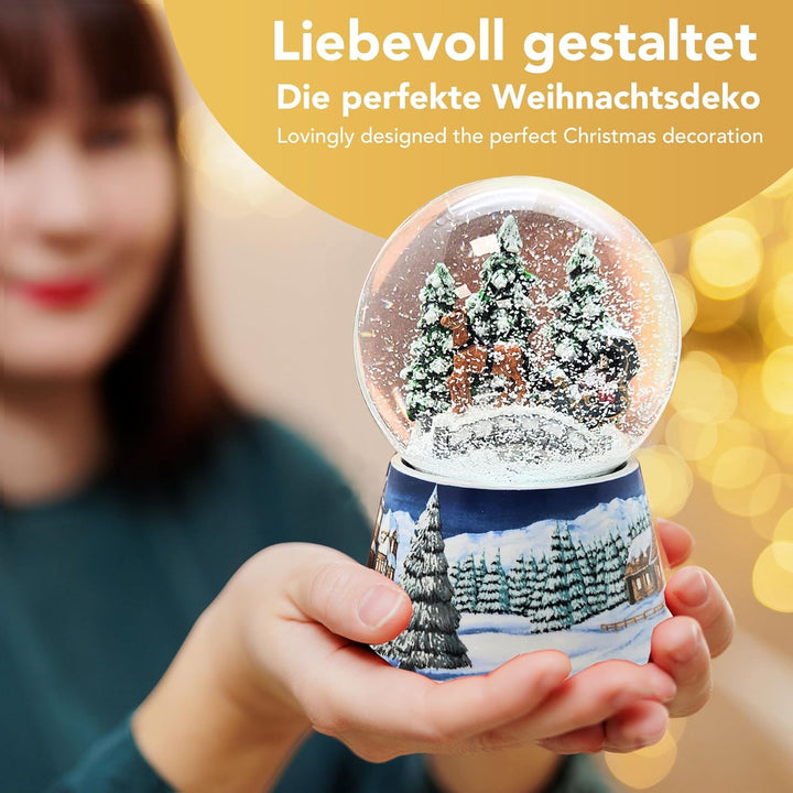 Weihnachts-Schneekugel mit Musik | Nostalgische Kutschfahrt über Brücke | Sockel Winterlandschaft Mi