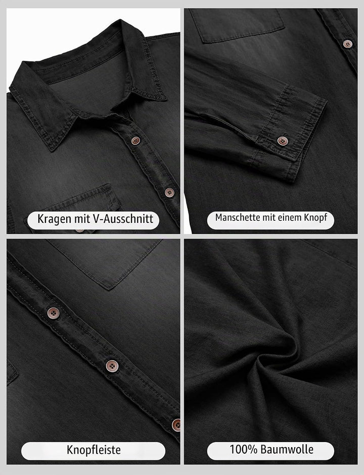 Damen Jeanshemd - Damen Western Hemden Tunika Langarm Button Down Oberteile XL Schwarz, XL Schwarz