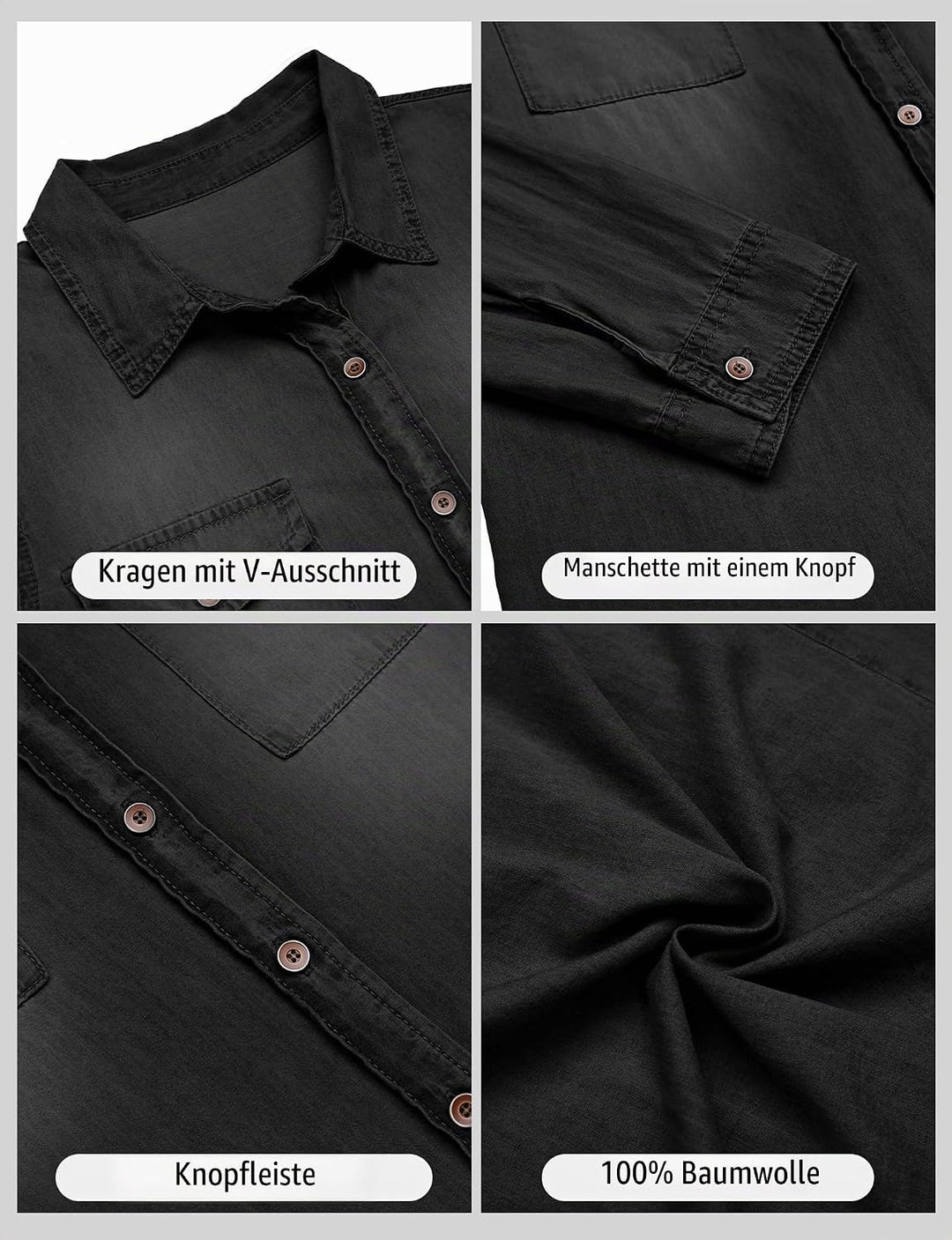 Damen Jeanshemd - Damen Western Hemden Tunika Langarm Button Down Oberteile XXL Schwarz, XXL Schwarz