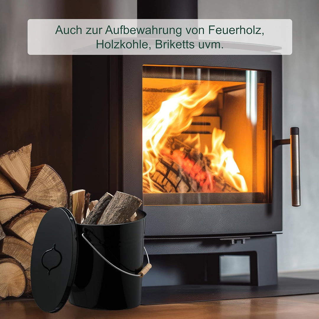Relaxdays Ascheeimer mit Deckel, 12 Liter, Henkel mit Holzgriff, für Kohle & Asche, Kamin, Stahl Asc