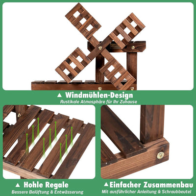 COSTWAY Pflanzenregal Blumenregal mit Windmühle, Blumenständer Holz, Blumentreppe Garten, Pflanzentr