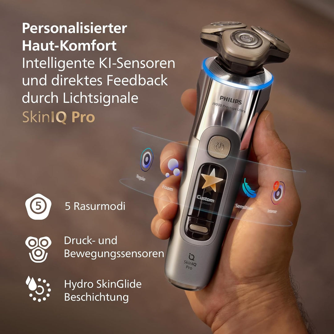 Philips Rasierer i9000 Prestige Ultra, Nass- und Trockenrasiererr, chrom, Druck- und Bewegungssensor