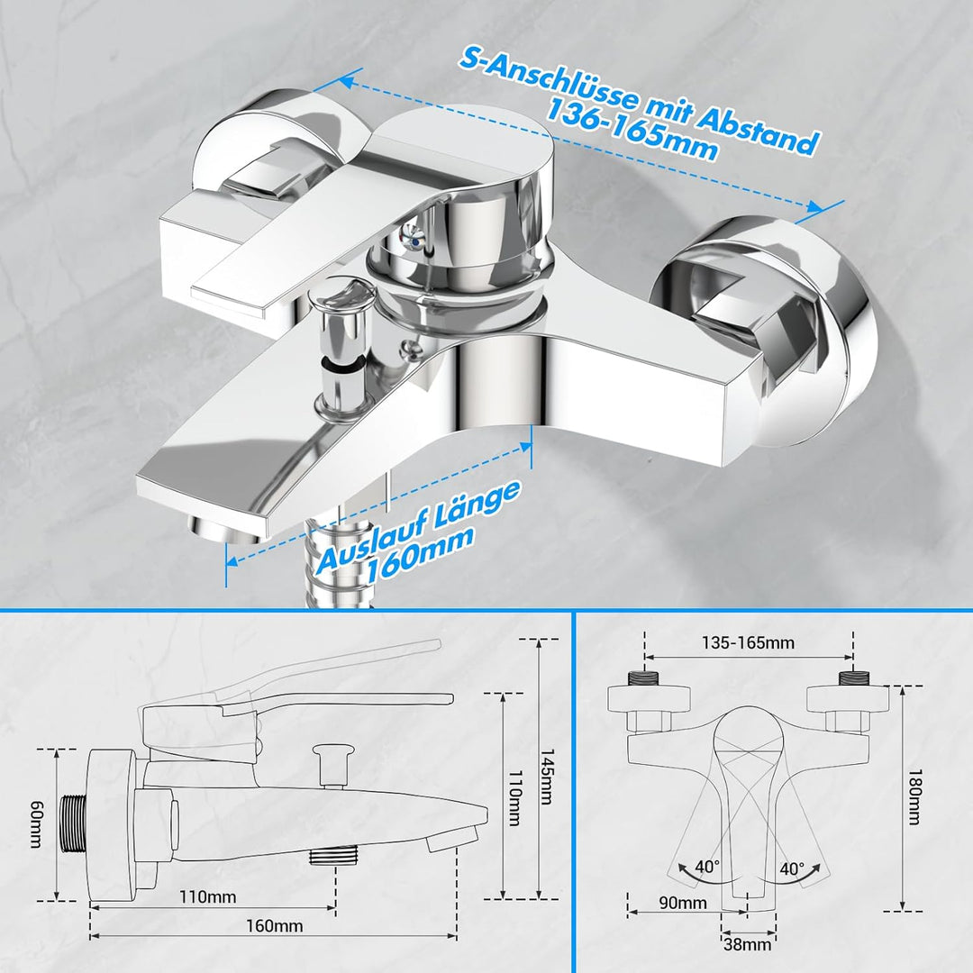 LADOKEE Badewannenarmatur, Wasserhahn Badewanne mit G1/2"-Anschluss, Einhebel Mischbatterie Badewann