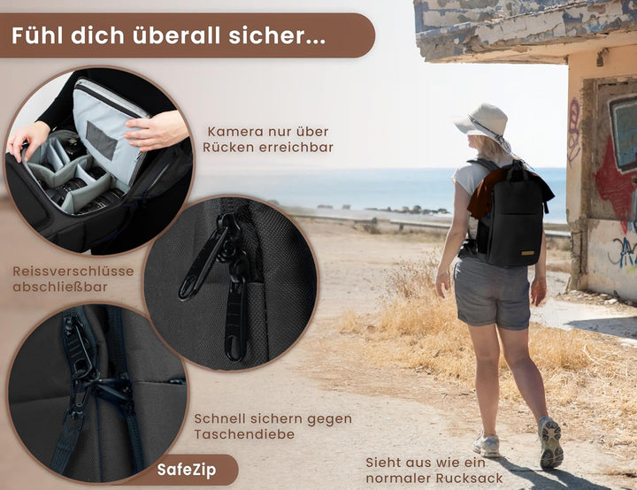 ENTDECKBAG Kamerarucksack Diebstahlsicher [mit Hüftgurt] Stauraum 14” Laptopfach Fotorucksack für Sp