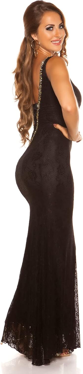 Glamour Strass V-Neck Maxi Silvester Spitzen Kleid S Schwarz, S Schwarz
