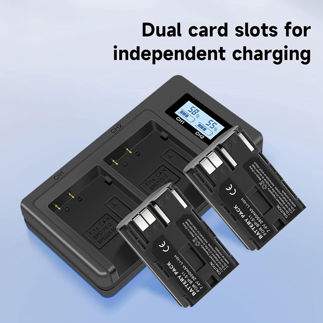 CITYORK 2 Pack 2650mAh BP-511 Akku + Dual LCD USB Ladegerät für Canon BP-511 BP-511A Canon EOS 5D, 5