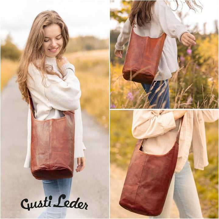 Gusti Umhängetasche Leder - Josephine Damen Umhängetasche Beuteltasche Shopper Ledertasche Vintage B