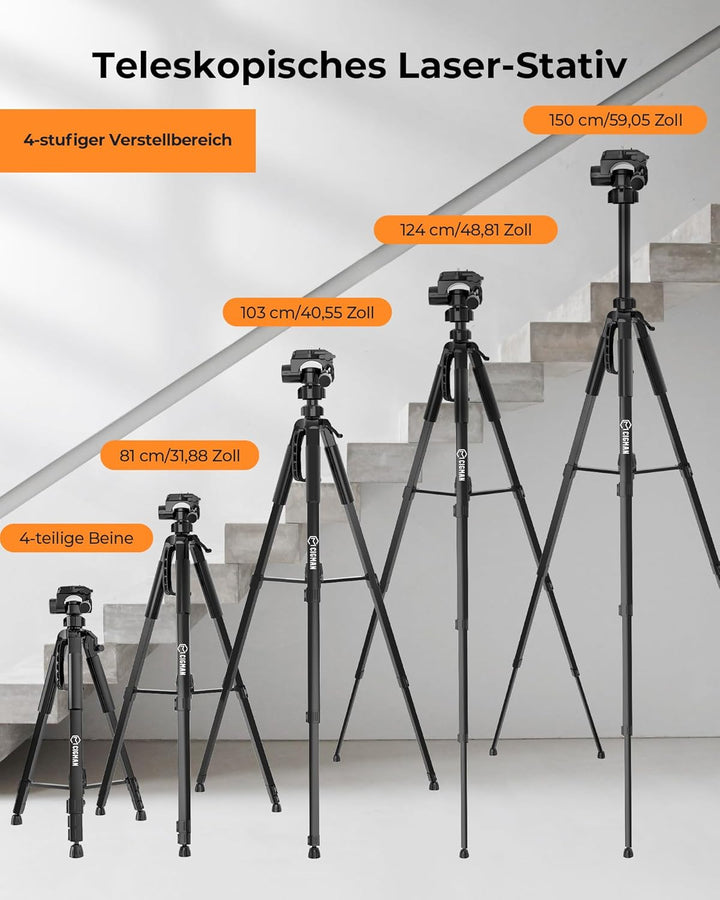 Stativ Laser, CIGMAN 1,5m-Aluminium-Verstellstativ Baustativ für Laser und Kameras mit 3-Wege-Schwen