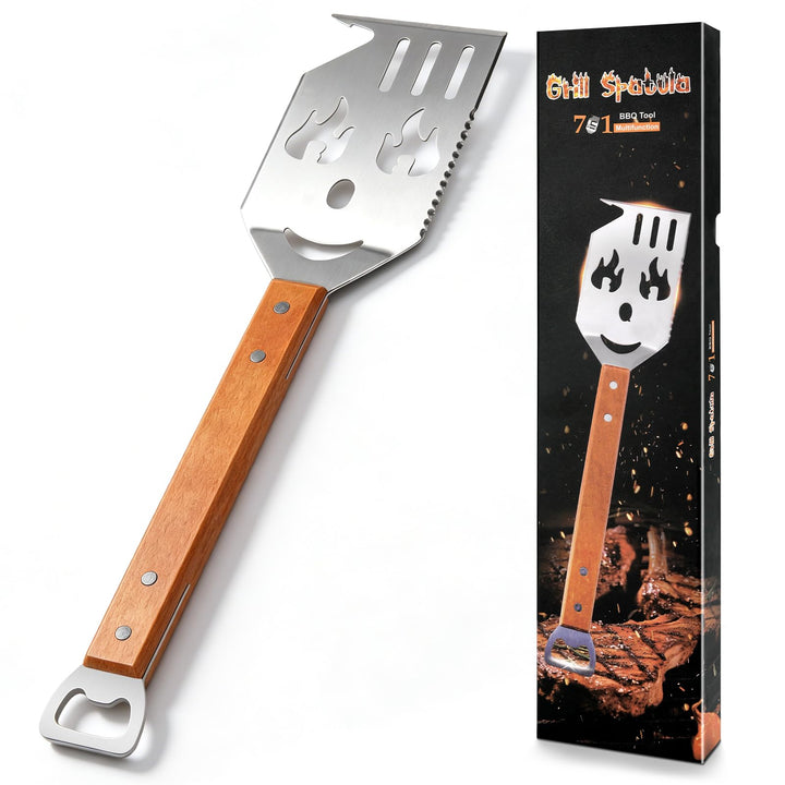7 in 1 grillspachtel für Barbecue Grill Multifunktion Grillbesteck mit Holzgriff Geschenke für Männe