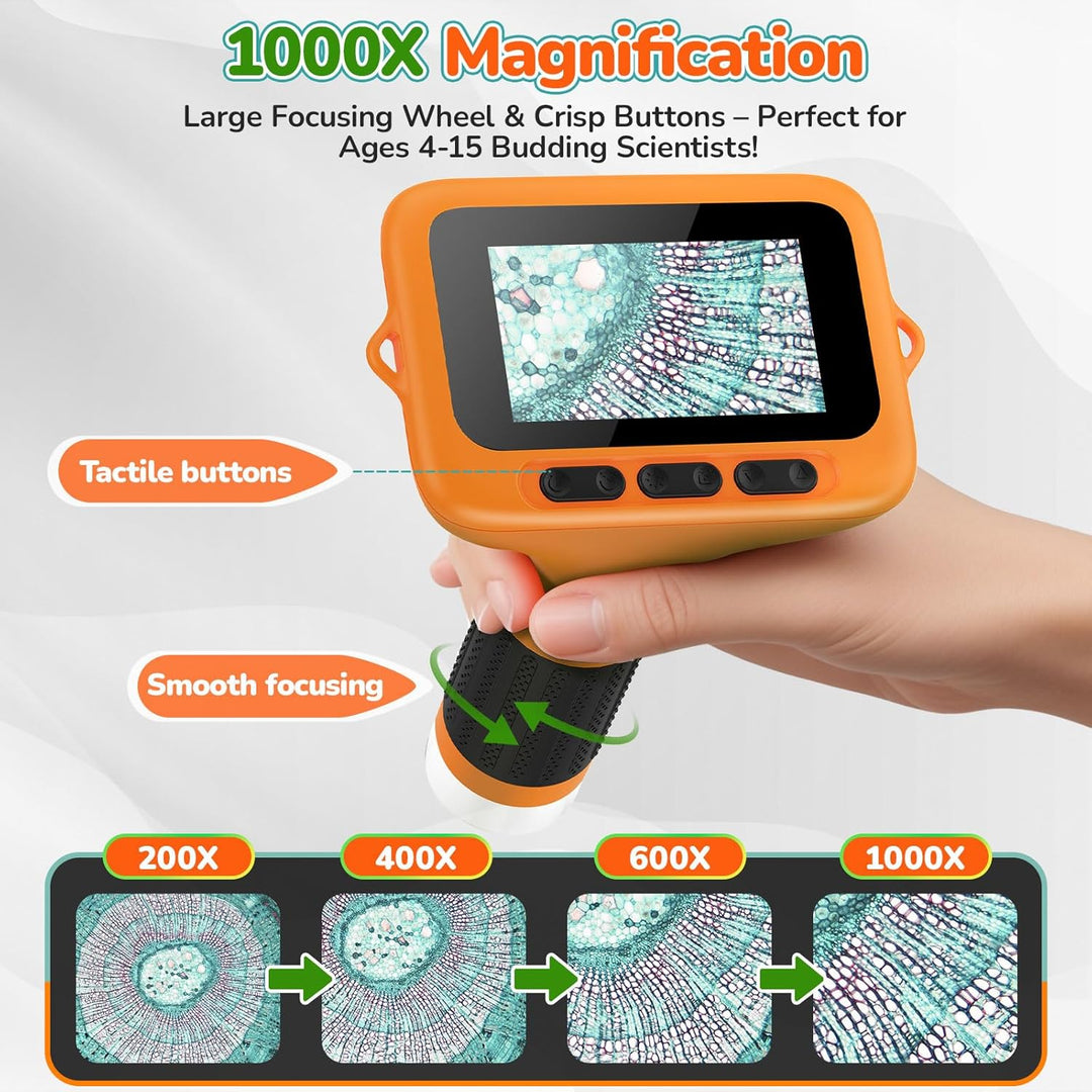 1000X Handheld Digitales Mikroskop für Kinder, 3-Zoll-HD-Bildschirm, Wiederaufladbar, Tragbare Lupe