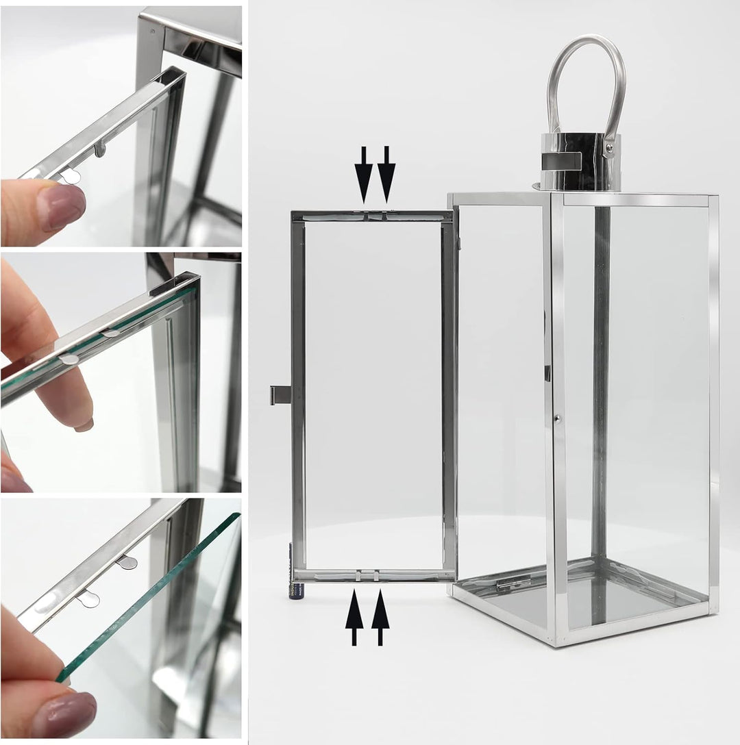 Dekovita 42cm Laterne aus Edelstahl - Gartenlaterne mit Glas-Scheiben und Henkel - Metall Deko-Later