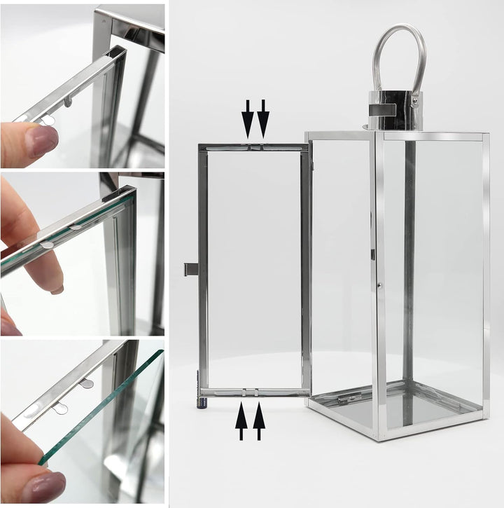 Dekovita 42cm Laterne aus Edelstahl - Gartenlaterne mit Glas-Scheiben und Henkel - Metall Deko-Later