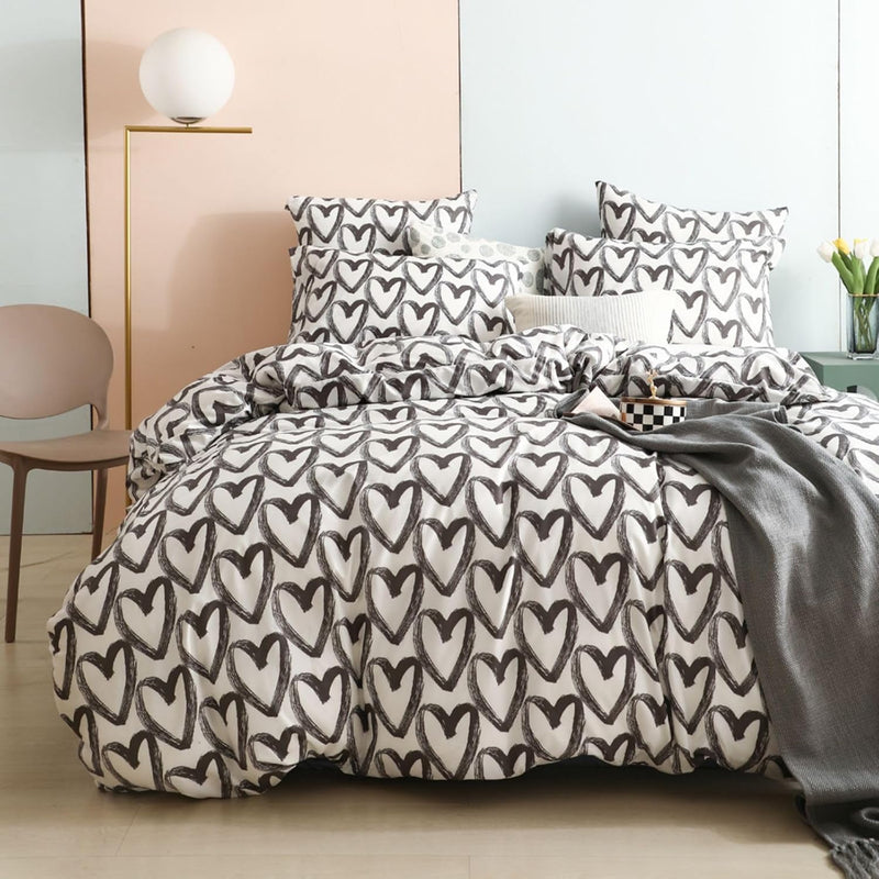Freyamy Bettwäsche 135x200cm 2teilig Schwarz Weiss Herz Bettwaren-Sets Gebürstet Microfaser Weiche W