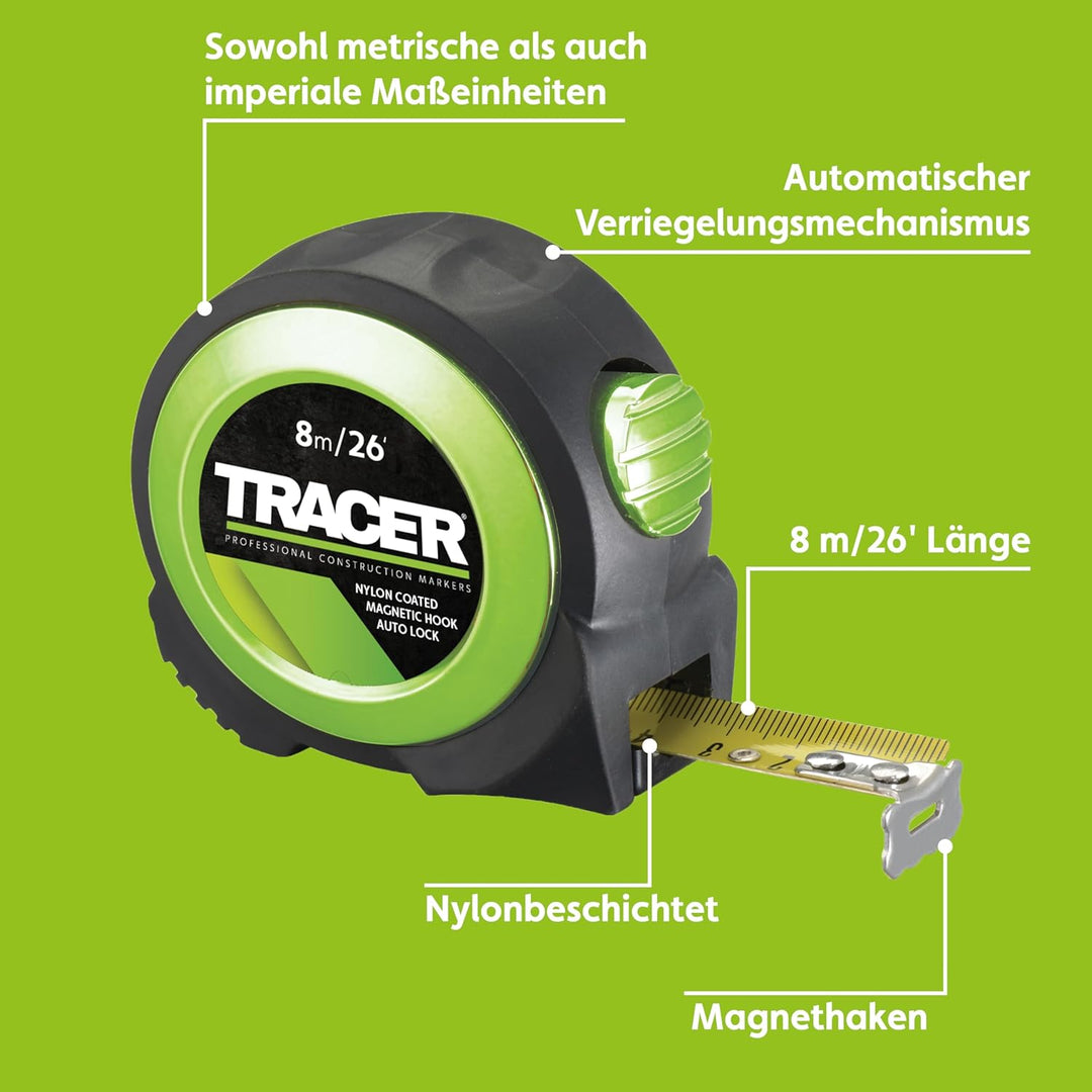 TRACER 8m Automatisches Feststellband (nylonbeschichtetes Massband mit Magnethaken und automatischer