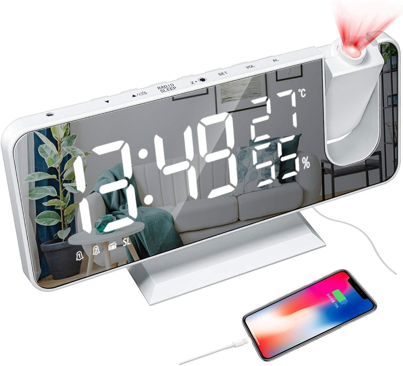 YUNYODA Projektionswecker, digitaler LED-Wecker mit Spiegelfläche, USB-Ladeanschluss, Wiederholung,